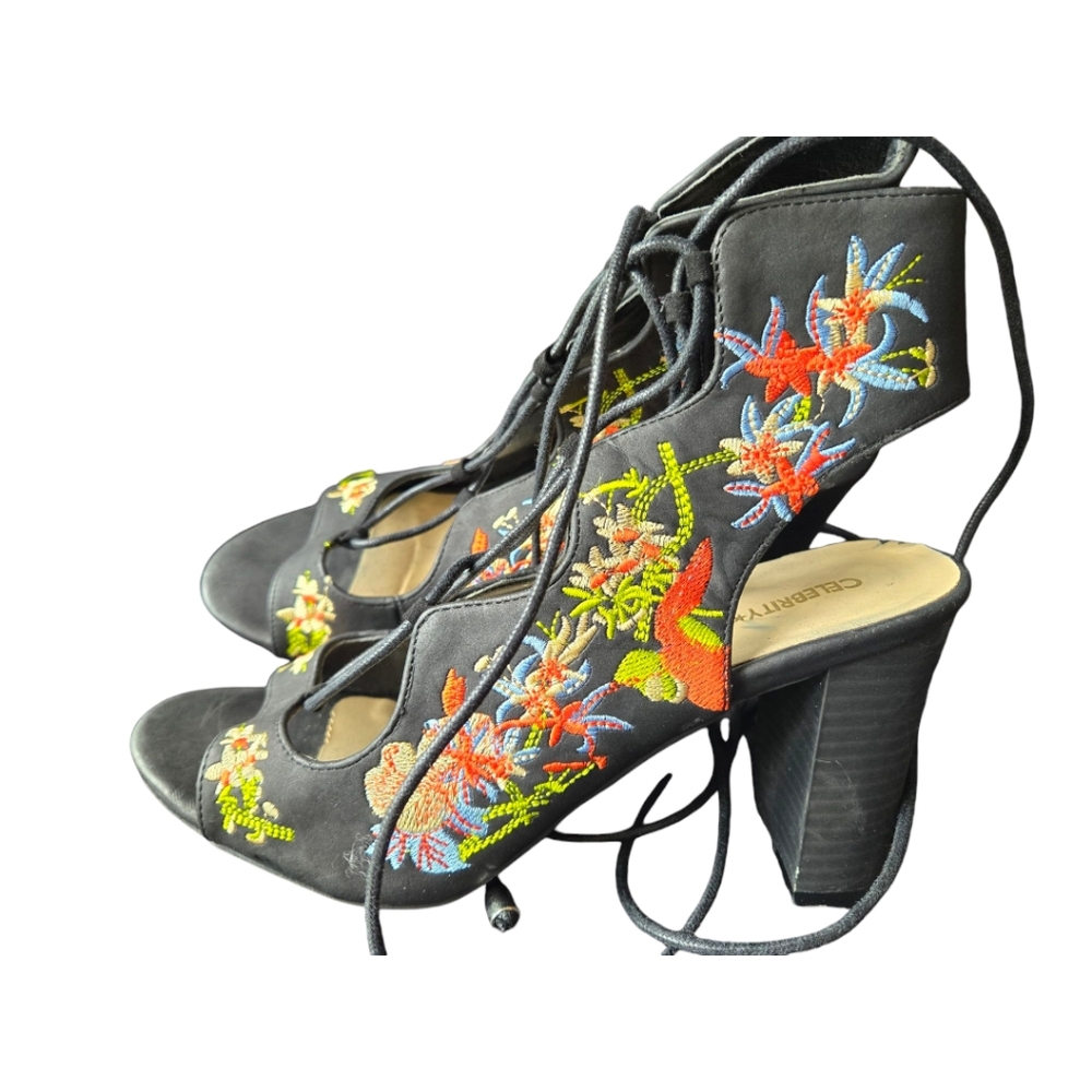 Celebrity Pink Floral Embroidered Lace Up Heels